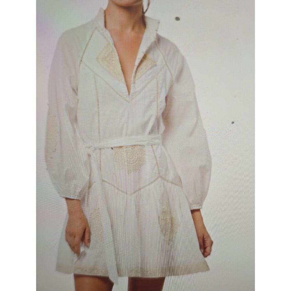 Ciebon Karmine Women's White Embroidered Long-Sleeve Mini Dress with Waist Tie M